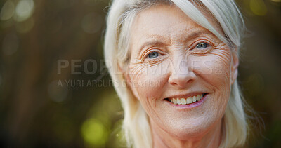 Buy stock photo Portrait, smile and relax with old woman in nature for space, summer vacation and retirement. Happiness, peace and wellness with senior person outdoor in park for confidence, weekend break and calm
