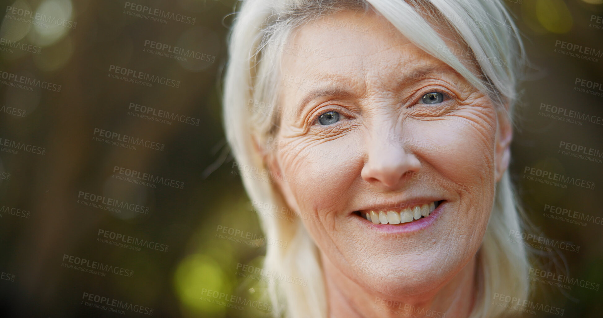 Buy stock photo Portrait, smile and relax with old woman in nature for space, summer vacation and retirement. Happiness, peace and wellness with senior person outdoor in park for confidence, weekend break and calm