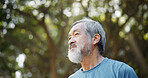 Relax, fitness and thinking with Asian man in nature for runner, confidence and health. Retirement, exercise pride and wellness with senior person for mobility training, low angle and reflection
