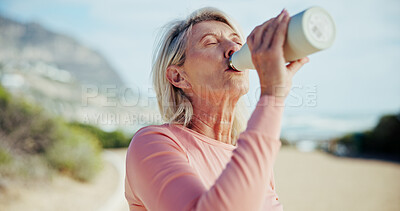 Buy stock photo Fitness, drink water and senior woman with health, wellness and nutrition on break outdoor. Electrolytes, thirsty runner and person with bottle for hydration, exercise recovery and active retirement