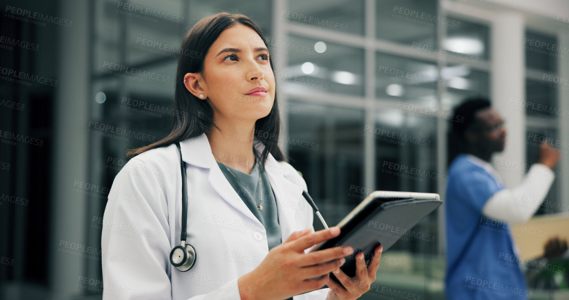 Buy stock photo Tablet, doctor thinking and woman in hospital for healthcare, report or idea in clinic at night. Technology, medical worker and person planning, problem solving or decision for schedule on overtime