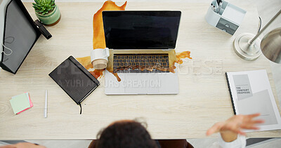 Buy stock photo Spill, coffee and laptop with business person in office for accident, tech malfunction and stress. Drink splash, glitch mistake and pressure with above of employee and computer in agency for hazard