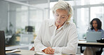 Writing, notebook and research with business woman in office for schedule, appointment reminder and report. Planning, calendar agenda and laptop with mature employee in agency for checklist review