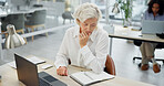 Notebook, thinking or mature woman at desk for planning, calendar review or brand awareness strategy. Promotion ideas, schedule solution or marketing director in agency, laptop or problem solving