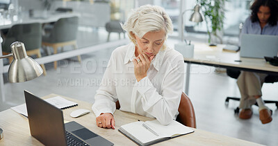Buy stock photo Notebook, thinking or mature woman at desk for planning, calendar review or brand awareness strategy. Promotion ideas, schedule solution or marketing director in agency, laptop or problem solving
