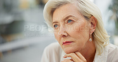 Buy stock photo Business, woman or thinking in office with idea for problem solving, insight or investment decision. Space, mature person and reflection with solution, growth opportunity or plan for finance company.