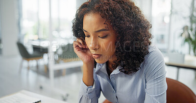 Buy stock photo Media agency, thinking and woman in office, ideas and decision for submission. Person, creative and journalist with wonder, contemplation and thoughtful with choice, problem solving and solution