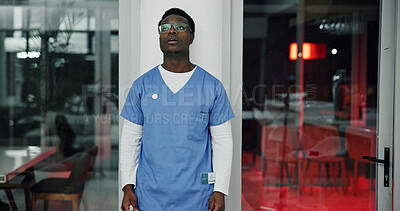 Buy stock photo Stress, black man and nurse in hospital with crisis, mistake or pressure for treatment plan. Tension, burnout and African healthcare worker with fatigue for negative report for patient in clinic.