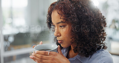 Buy stock photo Smell, coffee and woman in office with thought for news report idea, story planning and journalism. Creative, writer and person thinking in workplace with beverage, article and blog contemplation.