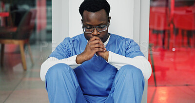 Buy stock photo Burnout, black man and nurse in hospital with crisis, mistake or pressure for treatment plan. Tension, stress and African healthcare worker with fatigue for negative report for patient in clinic.