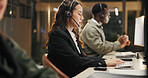 Woman, call center and typing with headset at night for customer service or consulting at office. Female person, employee or agent talking for communication, helpdesk and overtime at workplace