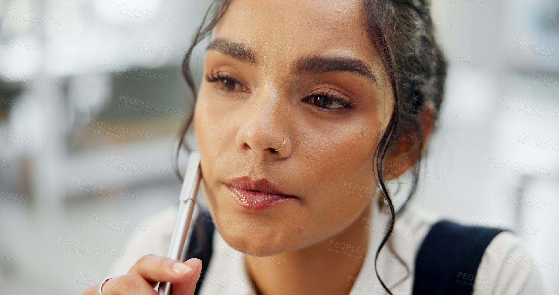 Buy stock photo Thinking, woman and journalist in office with pen for news report, story idea planning and solution. Creative, person and writer in workplace with article insight, blog reflection and contemplation.