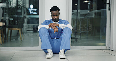 Buy stock photo Tension, black man and nurse in hospital with crisis, mistake or pressure for treatment plan. Stress, burnout and African healthcare worker with fatigue for negative report for patient in clinic.