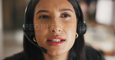 Buy stock photo Business woman, consultant and discussion with headset for online advice or help in office. Female person, agent or listening with mic for virtual assistance, support or customer service in workplace
