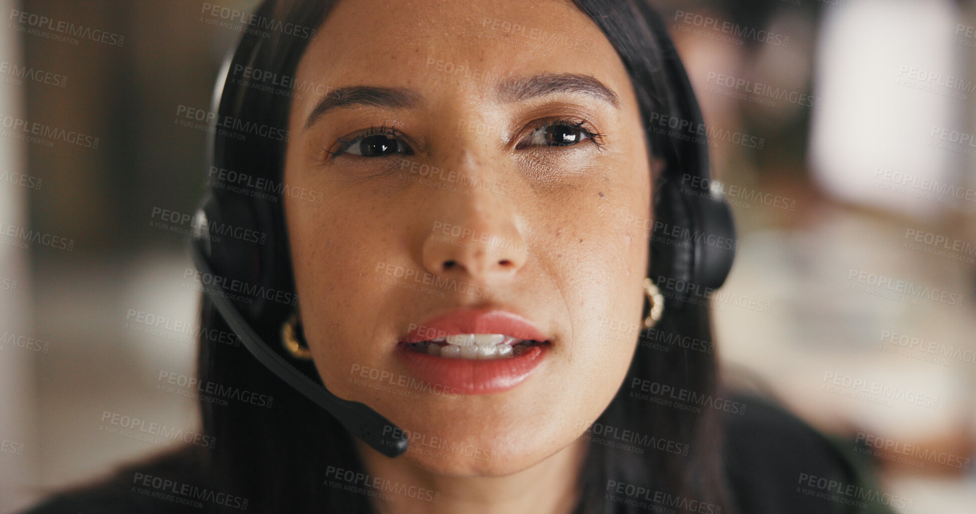 Buy stock photo Business woman, consultant and discussion with headset for online advice or help in office. Female person, agent or listening with mic for virtual assistance, support or customer service in workplace