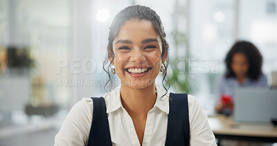 Buy stock photo Portrait, smile and business woman in office for about us, campaign manager and professional consultant. Happy, confidence and branding startup with person in creative agency for bokeh and pride