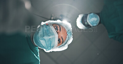 Buy stock photo Below, doctors or people in clinic, portrait or surgical mask with emergency room. Pov, group or employees with safety, healthcare or medical service with face cover, procedure or hospital compliance