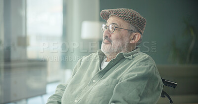 Buy stock photo Thinking, sad and elderly man in home for depression, alone and reflection by window. Retirement, wheelchair and senior person with memory, lonely and thoughtful for isolation in living room