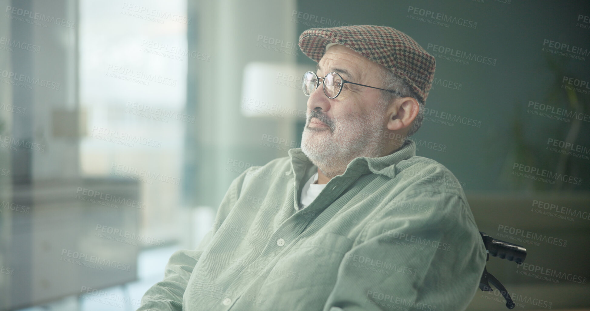 Buy stock photo Thinking, sad and elderly man in home for depression, alone and reflection by window. Retirement, wheelchair and senior person with memory, lonely and thoughtful for isolation in living room