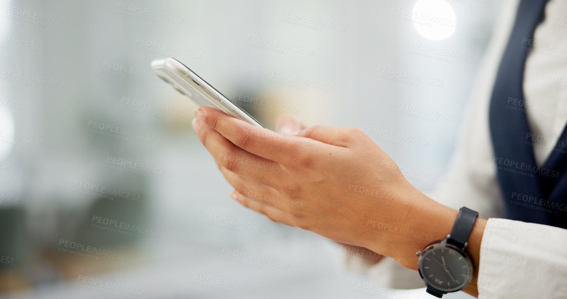 Buy stock photo Hands, creative and person with phone in office for research, contact editor and editing article. Journalist, browsing and mobile for copywriting source, facts check and texting for story publication