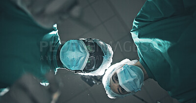 Buy stock photo Below, doctor and people with portrait, surgery and surgical mask with emergency. Pov, group and employees in clinic, healthcare or medical service with face cover, procedure and treatment for injury