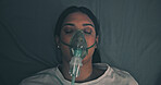 Healthcare, anesthesia and woman with oxygen mask, recovery and operation in hospital bed. Female person, medical patient and breathing equipment for coma, cardiology or emergency with ventilation