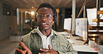 Black man, portrait and night with consultant, headset or discussion for online advice in office. Male person, agent or working late with POV for virtual assistance or customer service in workplace