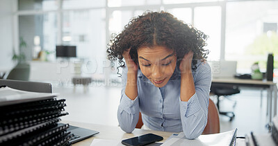 Buy stock photo Frustrated, woman or tired in office with burnout from intense workload, finance crisis or pressure. Exhausted, overworked person or financial stress in workplace with fatigue, contemplation or issue
