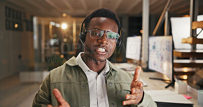 Buy stock photo Black man, portrait and night with agent headset or discussion for online advice in office. Male person, consultant or working late with POV for virtual assistance or customer service in workplace