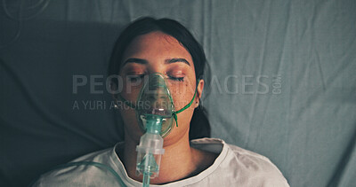 Buy stock photo Surgery, anesthesia and woman with oxygen mask, recovery and operation in hospital bed. Female person, medical patient and breathing equipment for coma, cardiology or emergency with ventilation