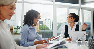 Buy stock photo Media agency, planning and women in meeting, documents and teamwork with brainstorming. People, employees and journalists with article ideas, feedback and talking with creative, news report or review