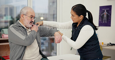 Buy stock photo Arm pain, physiotherapist and senior man in rehabilitation, help or healing with recovery. Chiropractor, woman and elderly patient with injury, physical therapy and healthcare in medical clinic