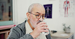 Drink, water and senior man in clinic for medical consultation with hydration for recovery. Healthcare, vitamins and elderly person with electrolytes, tablets or supplements with h2o for wellness