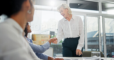 Buy stock photo Business people, meeting or women with handshake in office, investment contract or partnership. Company acquisition, deal negotiation or employees shaking hands for agreement, merger success or flare