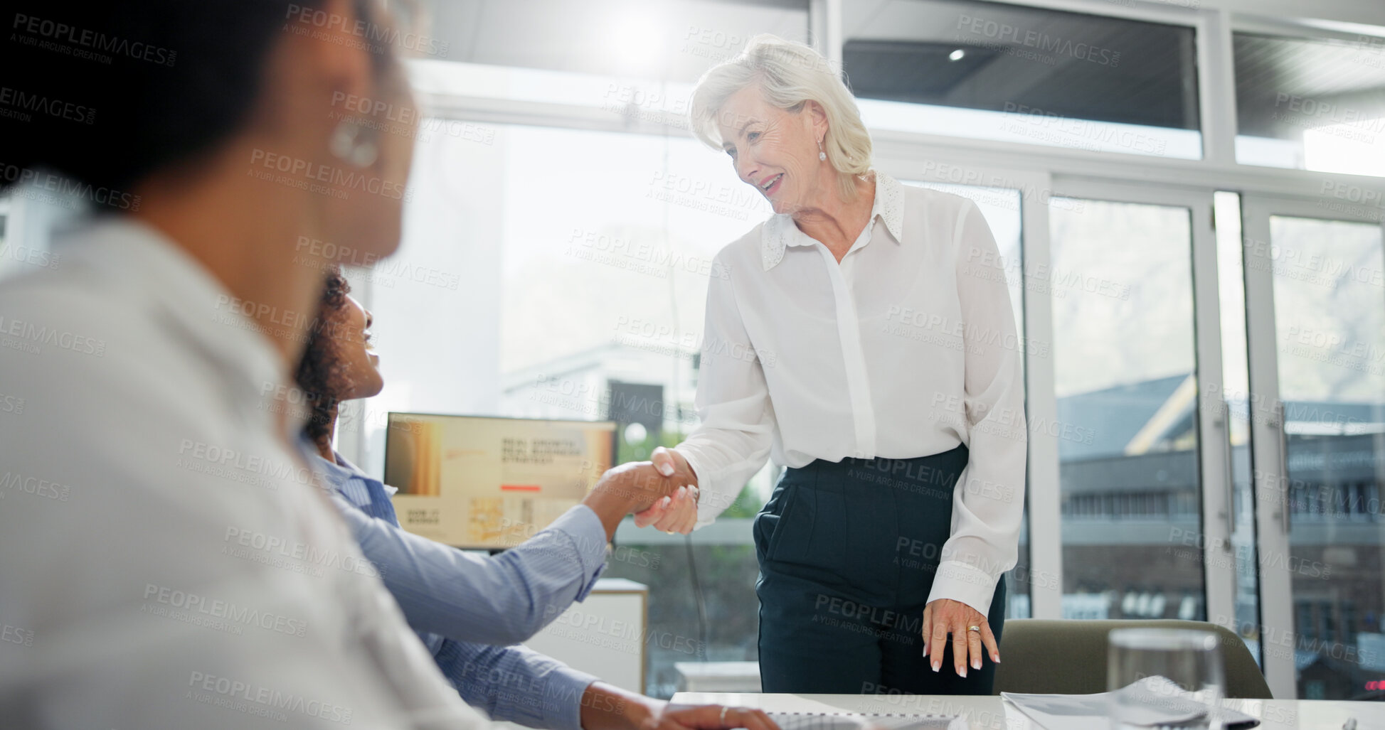 Buy stock photo Business people, meeting or women with handshake in office, investment contract or partnership. Company acquisition, deal negotiation or employees shaking hands for agreement, merger success or flare