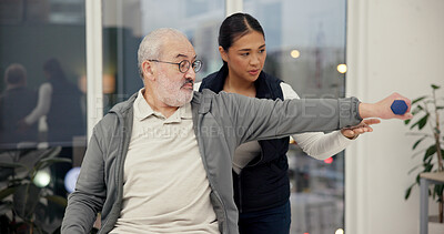 Buy stock photo Dumbbell, physiotherapist and exercise with senior man in rehabilitation, help or muscle recovery. Physical therapy, woman and elderly patient weightlifting, fitness and health in medical clinic