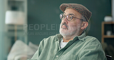 Buy stock photo Thinking, sad and senior man in home for depression, alone and reflection in house. Retirement, disappointed and elderly person with memory, lonely and thoughtful for isolation in living room