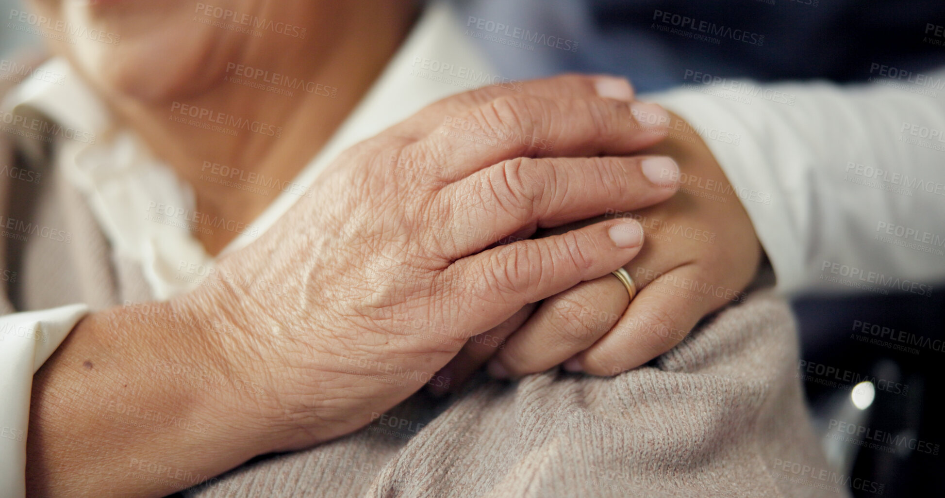 Buy stock photo Home, nurse and old woman in wheelchair, hands and healthcare with assisted living. Compassion, caregiver and person with disability, sympathy and empathy with healing, support and medical service