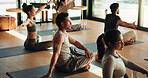 Yoga class, floor or people stretching in studio, holistic exercise or posture practice in morning. Fitness training, pilates or calm group with mat for warm up, healing session or zen in health club