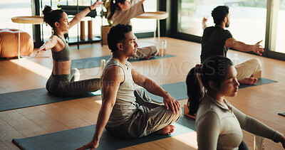 Buy stock photo Yoga class, floor or people stretching in studio, holistic exercise or posture practice in morning. Fitness training, pilates or calm group with mat for warm up, healing session or zen in health club