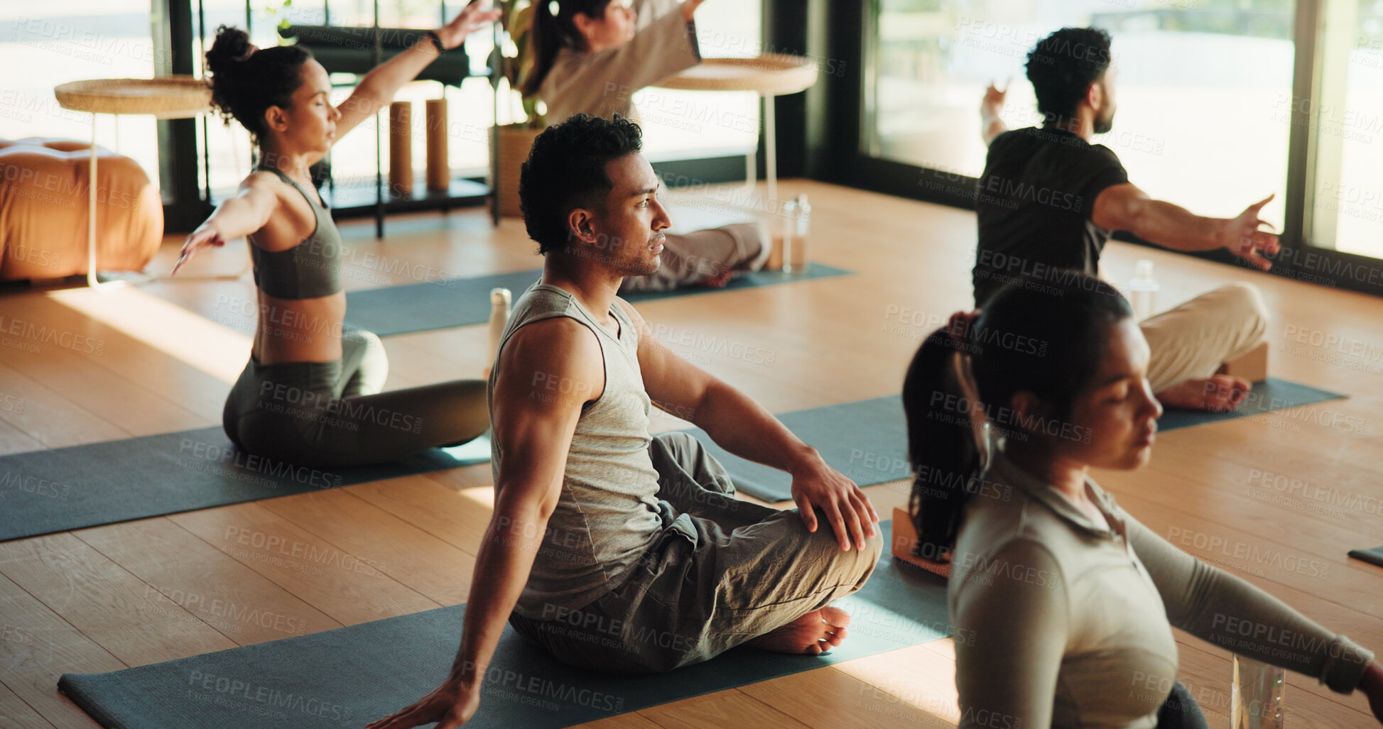 Buy stock photo Yoga class, floor or people stretching in studio, holistic exercise or posture practice in morning. Fitness training, pilates or calm group with mat for warm up, healing session or zen in health club