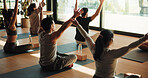 Back, fitness and people in yoga studio together for morning session or holistic health course. Arms up, exercise and stretching with yogi group in wellness class for awareness or meditation