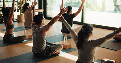 Buy stock photo Back, fitness and people in yoga studio together for morning session or holistic health course. Arms up, exercise and stretching with yogi group in wellness class for awareness or meditation