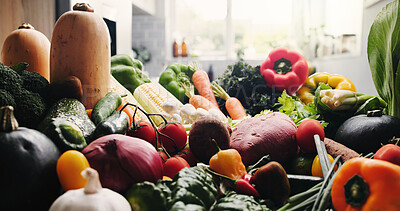 Buy stock photo Vegetables, organic groceries and kitchen with assortment of ingredients, plant based diet and nutrition. Fresh produce, meal prep and variety of natural food for vegan menu, health and detox in home