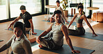 People, fitness and yoga class with coach for spiritual wellness, mindfulness or training. Group, yogi or session with trainer in twice pose for flexibility, zen or awareness together in health club