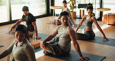 Buy stock photo People, fitness and yoga class with coach for spiritual wellness, mindfulness or training. Group, yogi or session with trainer in twice pose for flexibility, zen or awareness together in health club