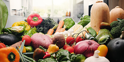 Buy stock photo Vegetables, fresh groceries and kitchen with assortment of ingredients, plant based diet and nutrition. Organic produce, meal prep and variety of natural food for vegan menu, health and detox in home