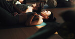 Fitness, meditation and yoga with woman on floor in class for stress relief or wellness session. Breathing, exercise and shade with yogi people in studio for awareness, balance or mindfulness routine