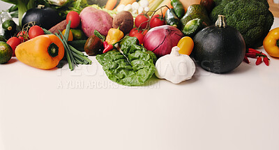 Buy stock photo Nutrition, space and vegetables on table for diet, vitamin benefit and greens in sustainable produce. Wellness, organic or clean eating on counter with harvest, vegan recipe and detox for weight loss