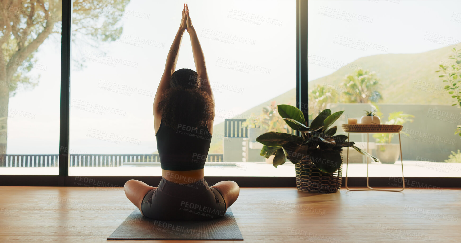 Buy stock photo Woman, back view and zen with namaste for meditation, yoga or spiritual wellness in serene studio. Calm, female person or yogi with inner peace or balance for mudra, mindfulness or chakra in dojo